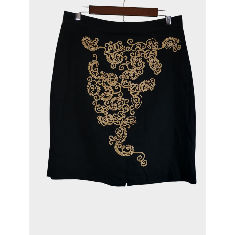 Anthropologie Floreat Skirt Size 12 Women's Black Beige Embroidered Art Pencil